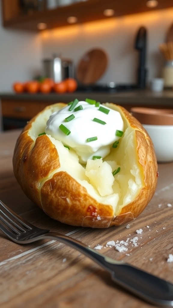 Air Fryer Baked Potato Cooking Time A delicious air fryer baked potato topped with sour cream and chives on a wooden table.